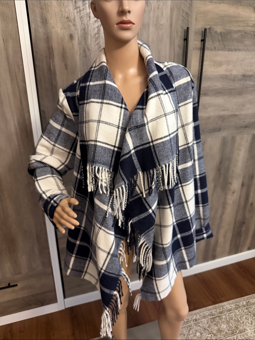 Croft & Barrow Heritage Plaid Fringe Wool Blend Draped Cardigan L